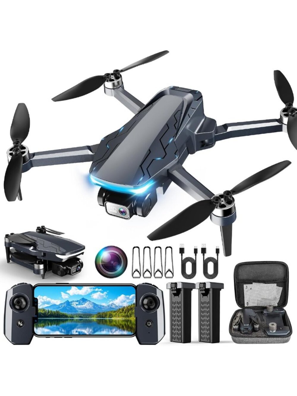 Foldable 2K HD GPS Drone with Camera, Auto Return, Follow Me, 5G, 2 Batteries
